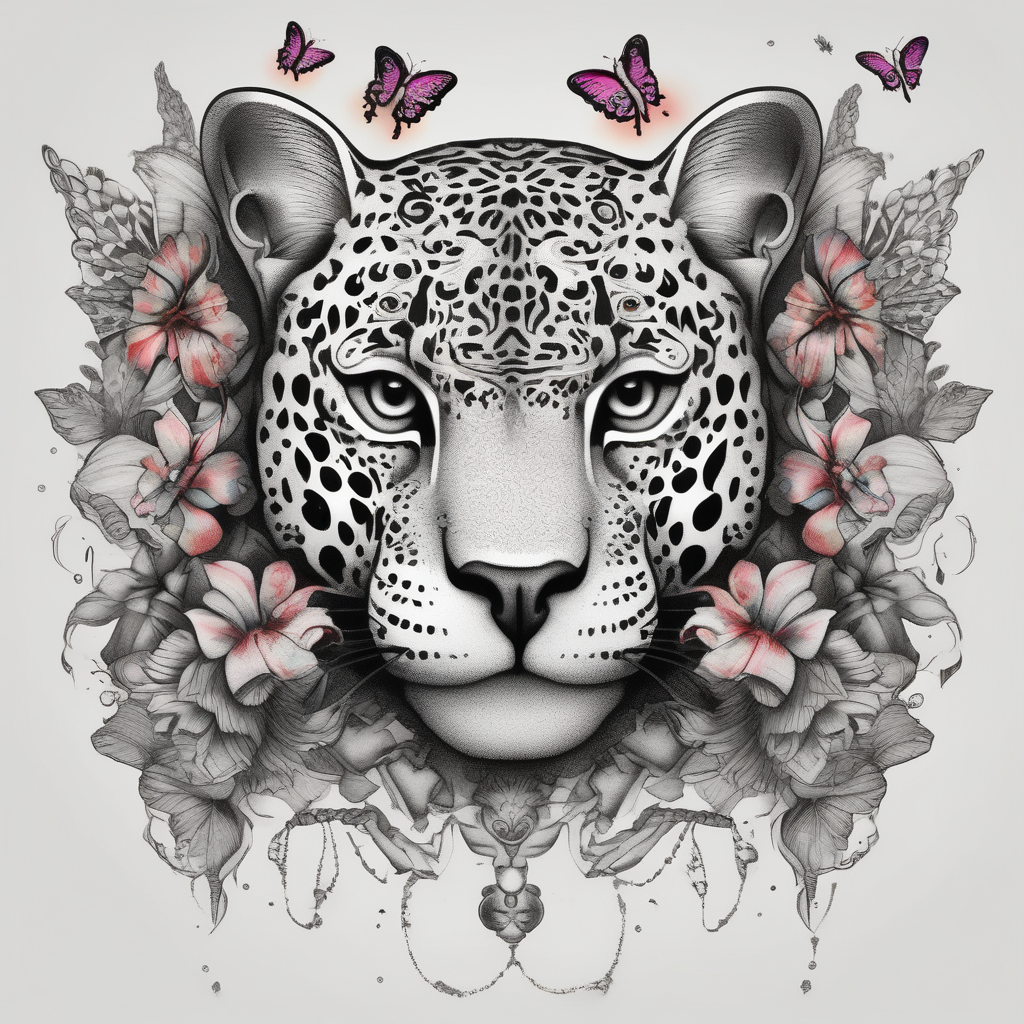 head of 3 jaguars (1 mother and 2 cubs) surrounded by butterflies and hummingbirds in new old school style monarch butterfly(AIが生成したドットワークスタイルのタトゥーデザイン)